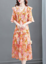 Load image into Gallery viewer, Orange V Neck Print Ruffled Wrinkled Silk Party Long Dress Flare  Sleeve