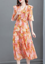 Load image into Gallery viewer, Orange V Neck Print Ruffled Wrinkled Silk Party Long Dress Flare  Sleeve