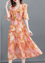 Load image into Gallery viewer, Orange V Neck Print Ruffled Wrinkled Silk Party Long Dress Flare  Sleeve