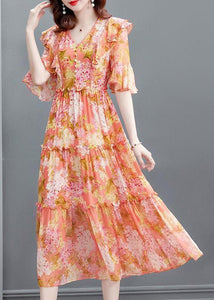 Orange V Neck Print Ruffled Wrinkled Silk Party Long Dress Flare  Sleeve