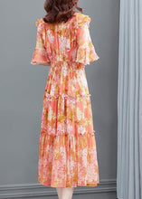 Load image into Gallery viewer, Orange V Neck Print Ruffled Wrinkled Silk Party Long Dress Flare  Sleeve