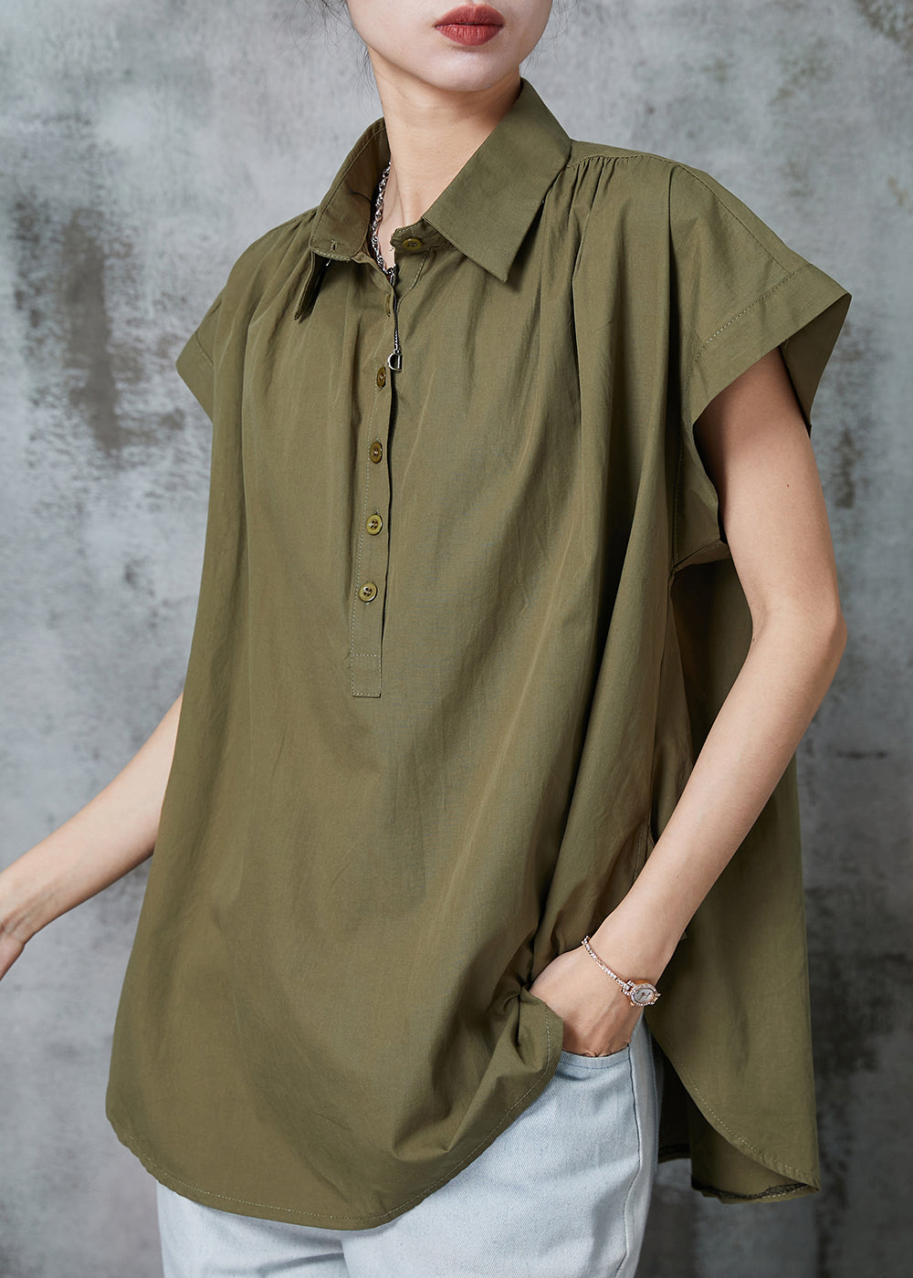 Organic Army Green Oversized Cotton Blouse Top Summer