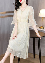 Load image into Gallery viewer, Organic Beige V Neck Embroidered Silk Long Dress Butterfly Sleeve