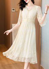 Load image into Gallery viewer, Organic Beige V Neck Embroidered Silk Long Dress Butterfly Sleeve