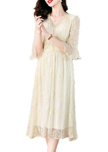 Load image into Gallery viewer, Organic Beige V Neck Embroidered Silk Long Dress Butterfly Sleeve