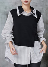 Load image into Gallery viewer, Organic Black Double-layer Patchwork Striped Cotton Top Spring