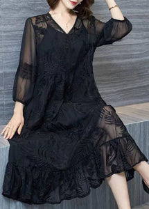 Organic Black V Neck Embroidered Patchwork Tulle Dresses Summer