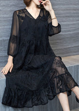 Load image into Gallery viewer, Organic Black V Neck Embroidered Patchwork Tulle Dresses Summer