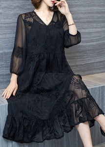 Organic Black V Neck Embroidered Patchwork Tulle Dresses Summer