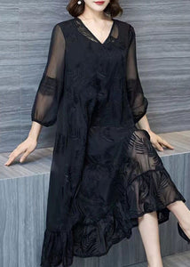 Organic Black V Neck Embroidered Patchwork Tulle Dresses Summer