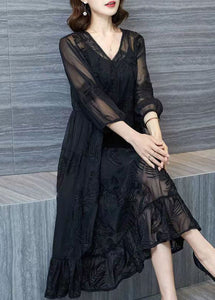 Organic Black V Neck Embroidered Patchwork Tulle Dresses Summer