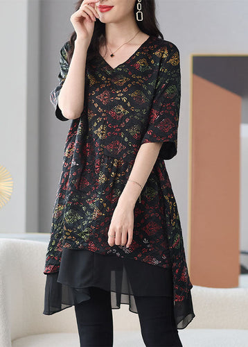 Organic Black V Neck Print Patchwork Chiffon Shirts Summer