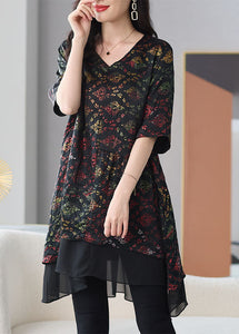 Organic Black V Neck Print Patchwork Chiffon Shirts Summer