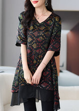 Load image into Gallery viewer, Organic Black V Neck Print Patchwork Chiffon Shirts Summer