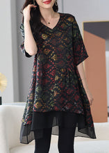 Load image into Gallery viewer, Organic Black V Neck Print Patchwork Chiffon Shirts Summer