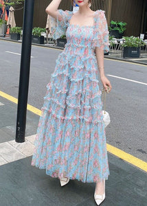 Organic Blue Ruffled Patchwork Print Tulle Dresses Summer