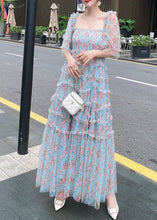 Load image into Gallery viewer, Organic Blue Ruffled Patchwork Print Tulle Dresses Summer