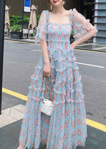 Organic Blue Ruffled Patchwork Print Tulle Dresses Summer