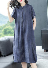 Load image into Gallery viewer, Organic Blue Striped Button Pockets Patchwork Cotton Dress Summer