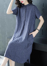 Load image into Gallery viewer, Organic Blue Striped Button Pockets Patchwork Cotton Dress Summer