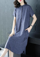 Load image into Gallery viewer, Organic Blue Striped Button Pockets Patchwork Cotton Dress Summer