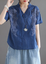 Load image into Gallery viewer, Organic Blue V Neck Embroidered Low High Design Solid Shirts Summer