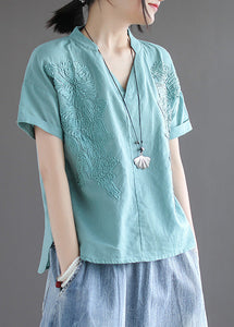 Organic Blue V Neck Embroidered Low High Design Solid Shirts Summer