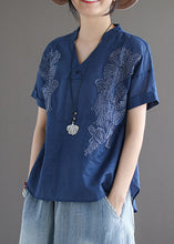 Load image into Gallery viewer, Organic Blue V Neck Embroidered Low High Design Solid Shirts Summer