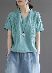 Organic Blue V Neck Embroidered Low High Design Solid Shirts Summer