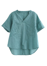 Load image into Gallery viewer, Organic Blue V Neck Embroidered Low High Design Solid Shirts Summer