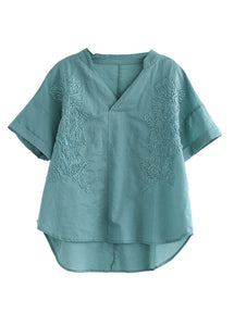 Organic Blue V Neck Embroidered Low High Design Solid Shirts Summer