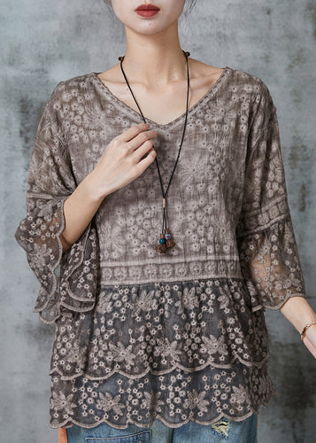 Organic Brown Embroidered Lace Blouses Flare Sleeve