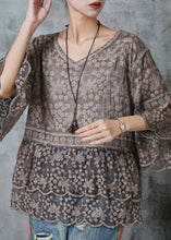 Load image into Gallery viewer, Organic Brown Embroidered Lace Blouses Flare Sleeve