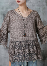 Load image into Gallery viewer, Organic Brown Embroidered Lace Blouses Flare Sleeve