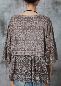 Organic Brown Embroidered Lace Blouses Flare Sleeve