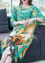 Load image into Gallery viewer, Organic Green O Neck Print Patchwork Chiffon Mid Dress Summer