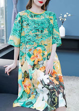 Load image into Gallery viewer, Organic Green O Neck Print Patchwork Chiffon Mid Dress Summer