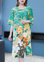 Load image into Gallery viewer, Organic Green O Neck Print Patchwork Chiffon Mid Dress Summer