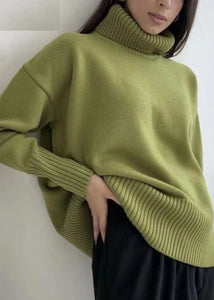 Organic Green Turtleneck Patchwork Cotton Knitted Sweaters Tops Fall