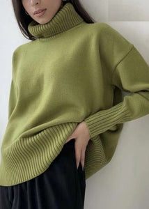 Organic Green Turtleneck Patchwork Cotton Knitted Sweaters Tops Fall