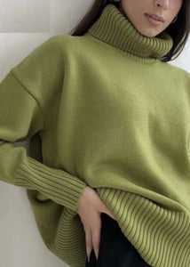 Organic Green Turtleneck Patchwork Cotton Knitted Sweaters Tops Fall