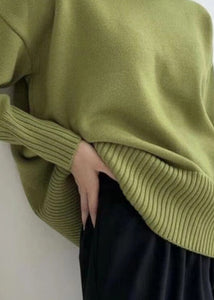 Organic Green Turtleneck Patchwork Cotton Knitted Sweaters Tops Fall