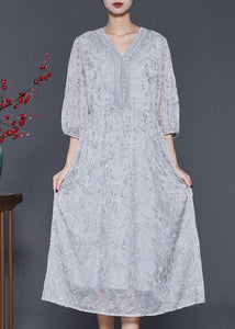 Organic Grey Embroidered Silk Long Dress Summer