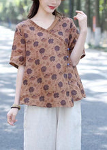 Load image into Gallery viewer, Organic Khaki Print Button Patchwork Linen Shirts Short Sleeve