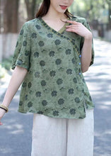 Load image into Gallery viewer, Organic Khaki Print Button Patchwork Linen Shirts Short Sleeve