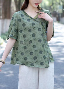 Organic Khaki Print Button Patchwork Linen Shirts Short Sleeve