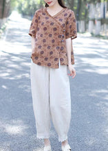 Load image into Gallery viewer, Organic Khaki Print Button Patchwork Linen Shirts Short Sleeve