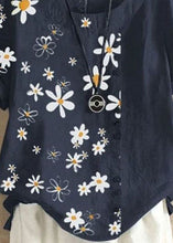 Load image into Gallery viewer, Organic Navy Dotted Daisy Print Patchwork Cotton T Shirts Tops Summer