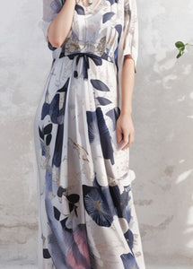 Organic O Neck Print Wrinkled Silk Long Dress Summer