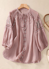 Load image into Gallery viewer, Organic Pink Embroidered Patchwork Cotton Shirt Tops Bracelet Sleeve